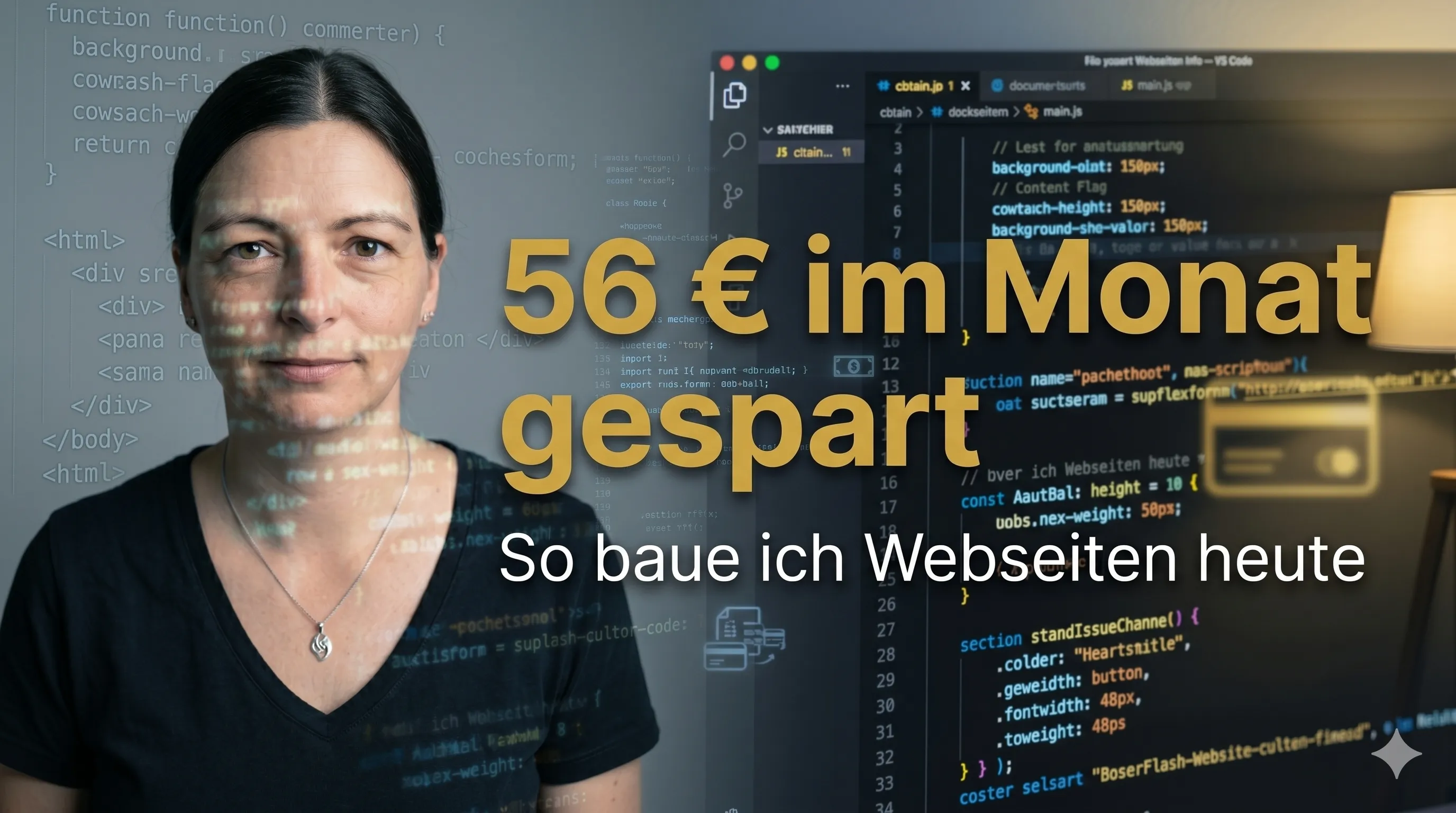 Sabine Kaluscha vor einer Editor-Ansicht mit Code, Schriftzug '56 Euro im Monat gespart. So baue ich Webseiten heute'.