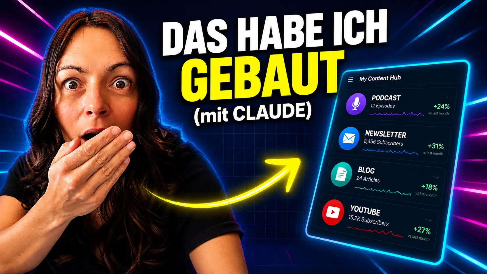 Laptop mit geöffnetem Dashboard eines selbstgebauten KI-Tools, das ein YouTube-Video in Newsletter, Blogbeitrag und Podcast verwandelt